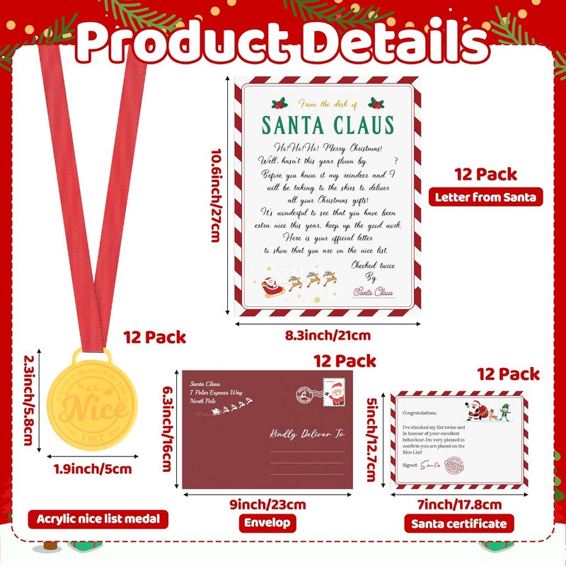 TICIAGA 12 Pack Christmas Official Letter and Certificate from Santa Claus, Included Santa Nice List Medal with Red Neck Ribbon Certificate North Pole and Envelopes for Kids Xmas Family Party Favors - Image 2